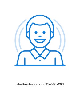 
Icono de línea de vector sonriente de carácter masculino. Perfil de avatares abstracto del muchacho. Símbolo de diseño divertido y pasión por el trabajo feliz. Divertido retrato de usuario de medios sociales con un estilo de moda.