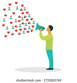 Male character with smm symbols. representative of 
successful business social media marketing compaing.  man with megaphone. Cute vector illustration in flat style. 