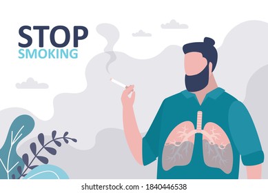 Male character smoking cigarette. Cartoon man with unhealthy and affected lungs. Concept of bad habit and unhealthy lifestyle. Poster urging to quit smoking. Banner in trendy style.Vector illustration