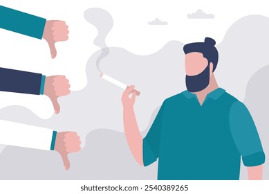 Male character smoking cigarette. Thumbs down. dislike or unlike gestures. Smoker man with bad habit and unhealthy lifestyle. Poster urging to quit smoking. Banner in trendy style. Vector illustration