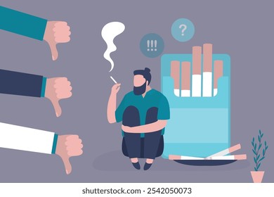 Male character smoking cigarette. Thumbs down. dislike or unlike gestures. Smoker man with bad habit and unhealthy lifestyle. Motivational poster, quit smoking. trendy style vector illustration