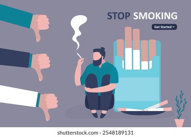 Male character smoking cigarette. Thumbs down. dislike or unlike gestures. Smoker man with bad habit and unhealthy lifestyle. Motivational poster, quit smoking. trendy style vector illustration