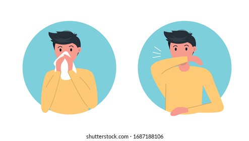 Male Character Sneezes In Elbow And Use Paper Napkin. How To Sneeze Right. Virus Prevention Spread. Flat Vector Illustration.