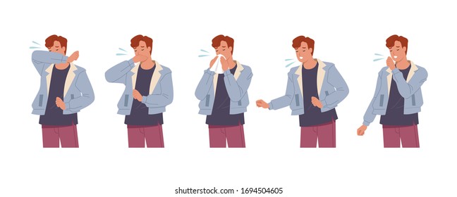 Male character sneezing and coughing right and wrong. Man coughing in arm, elbow, tissue. Prevention against virus and infection. Vector illustration in a flat style