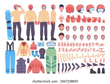 Male character with a snowboard constructor set. Snowboarder with different positions of head, legs and arms. Snowboarding equipment collection. Winter extreme sport. Flat vector illustration