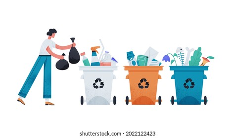 Personaje masculino clasificando ilustraciones de dibujos animados planos de basura. Diseño de banner de separación de residuos. Reducir los antecedentes de contaminación.
