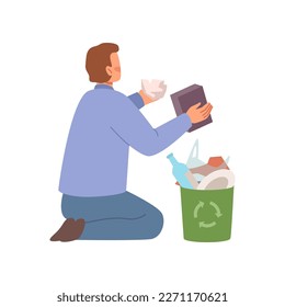 Male character sorting garbage and waste and caring for ecology and environment of planet Earth. Preservation and protection, eco awareness. Vector in flat style