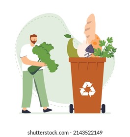 Male character sorting organic waste. Garbage sorting concept. Eco friendly character. Problem of environmental pollution. Ecological lifestyle. Flat vector illustration on white isolated background.