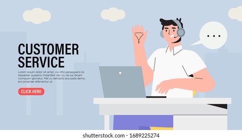 Male character specialist from customer service or technical support working on laptop in office. Concept of online support or assistance, call center or e-commerce banner, landing page design.