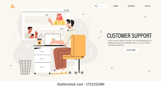 Male Character Specialist From Customer Service Or Technical Support Working On Laptop In Office. Concept Of Online Support Or Assistance, Call Center Or Consultutaion Banner, Landing Page Design.