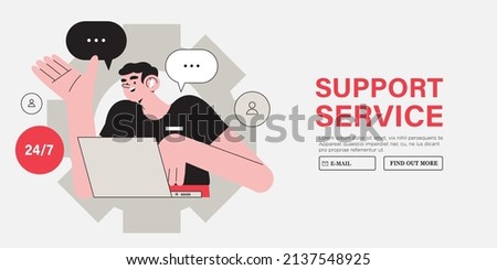 Male character specialist from customer service or technical support working on laptop in office. Concept of online support or assistance, call center or e-commerce banner, landing page design.