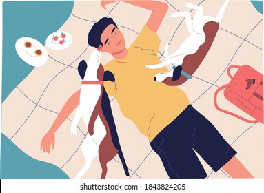 Male character spend time with dogs outdoor. Pet owner relaxing with domestic animals Love between man and dog. Scene of summer picnic with cute puppies. Flat vector cartoon illustration