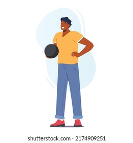 Male Character Spend Time On Weekend Playing Bowling, Man Holding Ball Prepare To Throw Hit Pins. Leisure, Active Lifestyle, Sparetime In Bowling Club, Sports Recreation. Cartoon Vector Illustration