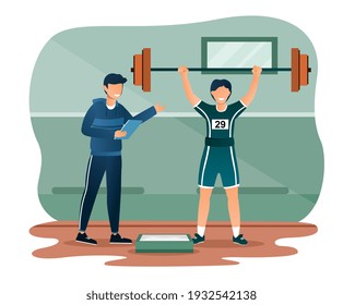 Male character in sport suit is lifting the barbell. Smiling coach is standing near with clipboard and giving instructions. Man is holding the barbell over the head. Flat cartoon vector illustration