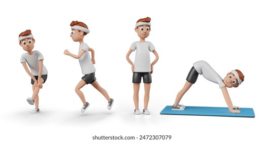 Male character in sportswear doing exercises. 3D man in different poses