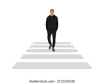 Male character in sportswear walks along a pedestrian crossing on a white background