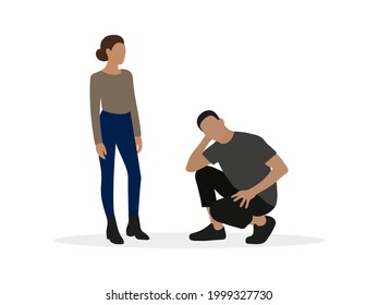 Male character squatting and female character together on white background