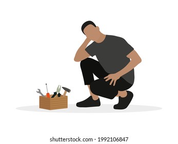 Male character squatting in front of a toolbox