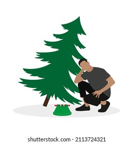 A male character is squatting near a Christmas tree and a floor stand for Christmas tree on a white background