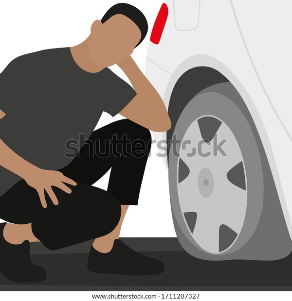 Male character\
squatting near a flat\
tire