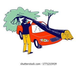 Male Character Stand at Broken Car with Fallen Tree Got into Tornado Windbreak. Nature Destruction Power, Dangerous Weather, Twister Strong Wind Effect, Cataclysm Disaster. Linear Vector Illustration