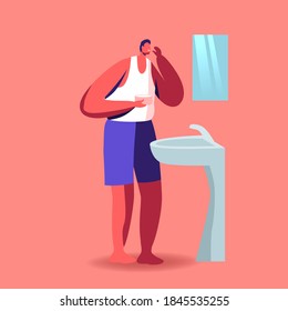 Male Character Stand front of Mirror and Sink in Bathroom Applying Facial Cream from Cosmetics Jar. Skin Care, Moisturizing Beauty Procedure, Man Apply Morning Routine. Cartoon Vector Illustration