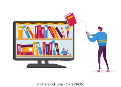 Male Character Stand at Huge Desktop with Books on Bookshelves on Screen Download E-books from Internet. Electronic Library Reading, E-Learning and Online Education. Cartoon Vector Illustration