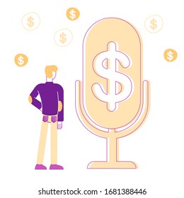 Male Character Stand at Huge Microphone with Dollar Sign and Coins Flying around. Money Talks and Financial Radio or Tv Program Broadcasting. Businessman Speaking of Money. Linear Vector Illustration