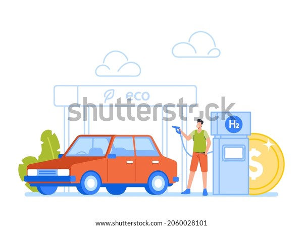 Male Character Stand near Car Hold Petroleum\
Gun in Hands. Eco Transport in City, Ecology Protection, Electro\
Car, Green Technology, Organic Alternative Energy. Cartoon People\
Vector Illustration