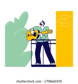 Male Character Stand on Balcony Playing Guitar and Singing Song during Covid19 Pandemic Quarantine Self Isolation. People Stay Home to Avoid Contagious Infection, Activity. Linear Vector Illustration