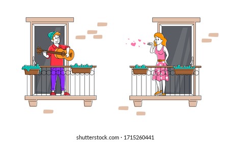 Male Character Stand on Balcony Playing Guitar and Singing Song to Girl Sending Air Kiss during Covid19 Pandemic Quarantine Self Isolation. People Stay Home Global Lockdown. Linear Vector Illustration