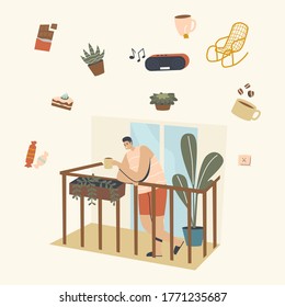 Male Character Stand on House Balcony Drinking Coffee and Relax during Weekend or Covid19 Pandemic Quarantine. Virus Spreading Prevention, Global Outbreak, Epidemic. Linear People Vector Illustration