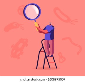 Male Character Stand on Ladder Looking on Tiny Bacteria through Huge Magnifying Glass with Microorganisms Floating around. Pandemic Outbreak Laboratory Research. Cartoon Flat Vector Illustration