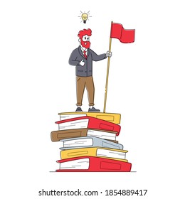 Male Character Stand on Top of Huge Books Pile with Red Flag. Self Development, Developing Mental Issues, Ladder to Success. Training, Education, Practice. Self-management. Linear Vector Illustration