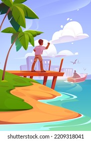 Male character stand on wooden pier rear view waving hand saying bye to motorboat riding sea waves. Boy or man at ocean shore with city view, palm tree and sandy beach, Cartoon vector illustration