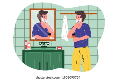 Male character standing against mirror and shaving beard. Man uses foam and shaving stick in bathroom at home. Concept of everyday personal care, hygienic procedure. Flat cartoon vector illustration