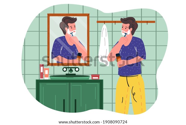 Male character standing against mirror and\
shaving beard. Man uses foam and shaving stick in bathroom at home.\
Concept of everyday personal care, hygienic procedure. Flat cartoon\
vector illustration