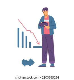 Male character standing with empty wallet in his hands. Bar chart go down on the background, broken money pig. Broke man has no money flat vector illustration.