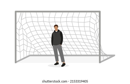 A male character is standing in front of a football goal on a white background