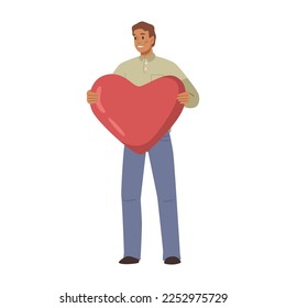 Male character standing with heart shape, isolated man expressing love and feeling of fondness and loyalty. Saint Valentines day celebration or greeting. Vector in flat style