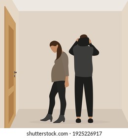 Male character standing with his back and pregnant female character in room with door
