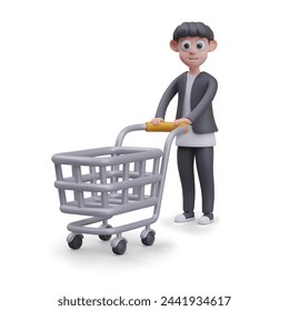 Personaje masculino de pie sosteniendo carrito de compras vacío. El comprador elige el producto