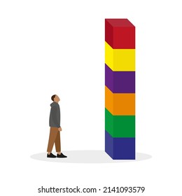 A male character is standing and looking at a tall tower of colored cubes on a white background