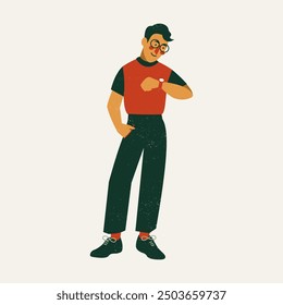 
Male character standing and looking at watch. Vector illustration.