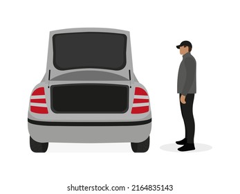 A male character is standing near a car with an open trunk on a white background