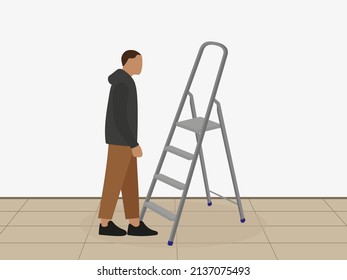 A male character is standing near a ladder indoors