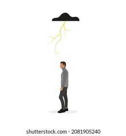 Male character standing under a black cloud with lightning on a white background