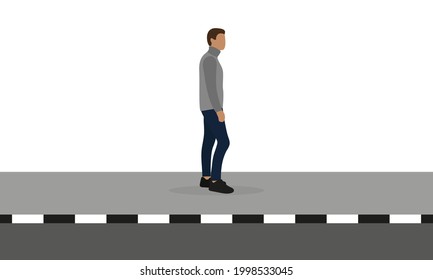 Male character stands alone on the sidewalk on a white background