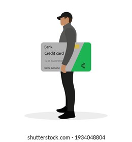 Male character stands with a big credit card in his hands on a white background