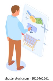 Male character stands and chooses shopping on large conceptual screen. Shopping basket, money symbol product. Сustomer buys goods in online store. Putting purchases in virtual basket. Customer journey